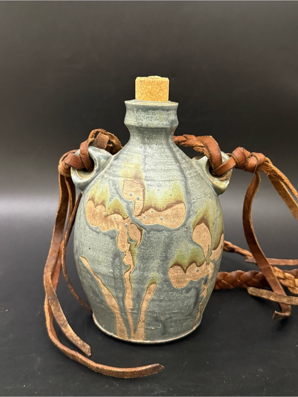 Vintage Signed Studio Art Pottery Sage Green Canteen Flask with Leather Strap